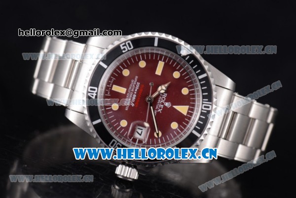 Rolex Tropical Red Submariner Vintage Asia 2813 Automatic Stainless Steel Case/Bracelet Red Dial and Dot Markers - Click Image to Close